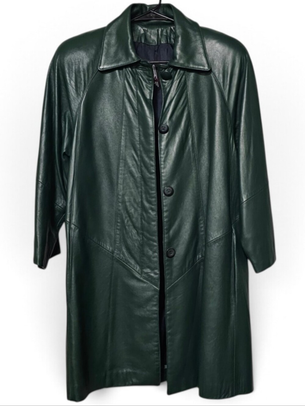 Tibor Leathers Vintage 80s Structured Mid Length Leather Coat Green Size Small